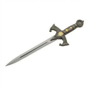 Close up of pewter finish cast metal handle and guard on Royal Dagger.