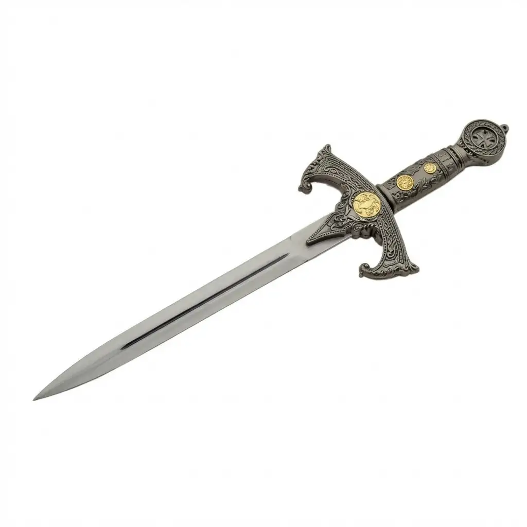 royal-dagger-pewter-handle-detail Close up of pewter finish cast metal handle and guard on Royal Dagger.