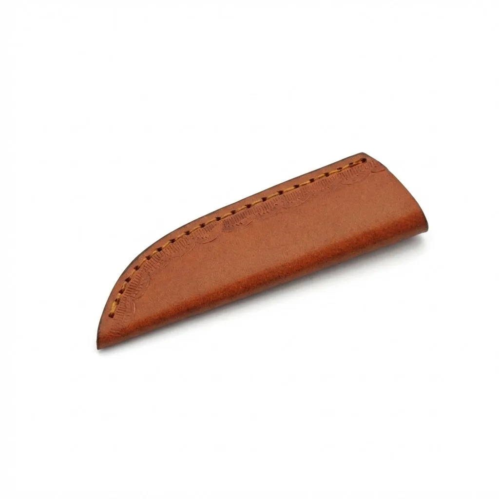brown-leather-knife-sheath-embossed Handcrafted brown leather knife sheath with embossed detailing and stitching.
