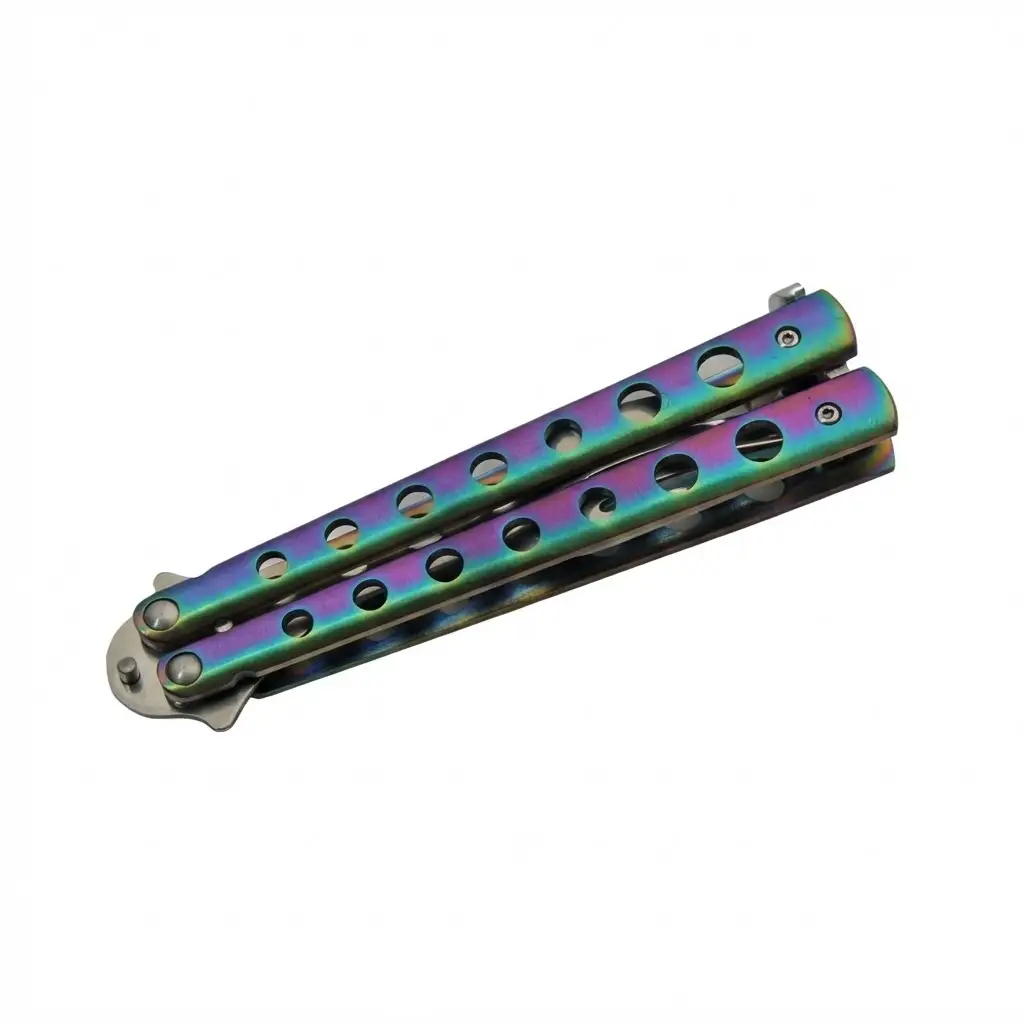 rainbow-butterfly-style-spoon-folded-compact Rainbow finish butterfly spoon folded into a compact carry position, highlighting the locking latch and heavy-duty pivot screws.
