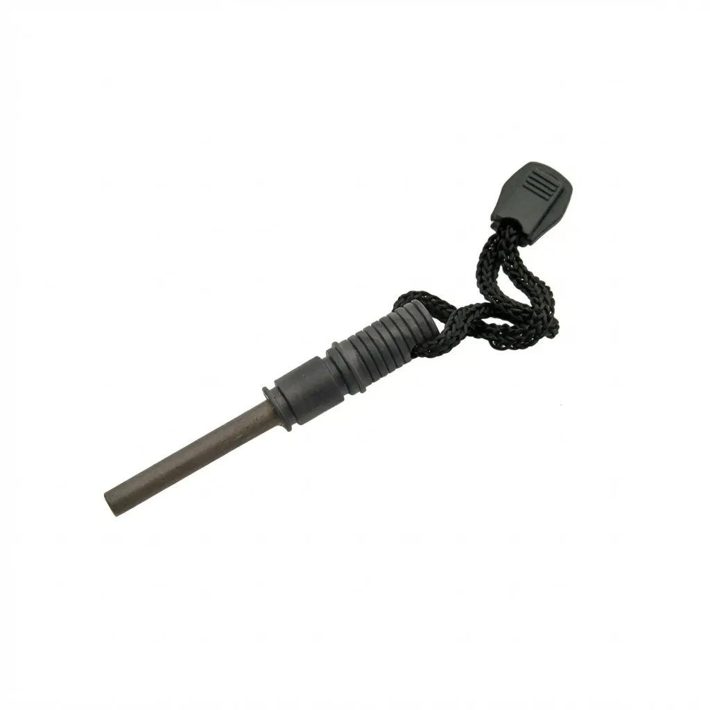 axevar-ferrocerium-fire-starter-striker-lanyard Portable ferrocerium fire starter rod with black striker handle and braided lanyard cord.