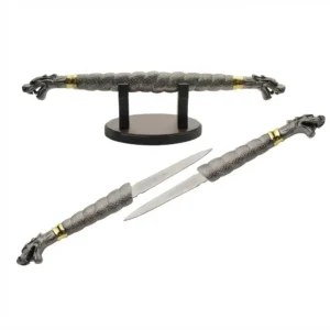 Twin Dragon interlocking fantasy display knife on wood stand.