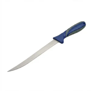 Long flexible stainless steel fillet knife with a blue and grey non-slip handle.