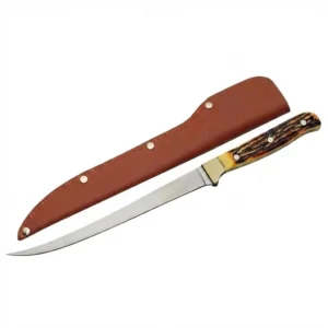 Axevar fixed blade stainless steel fillet knife with faux stag handle and brown leather sheath.