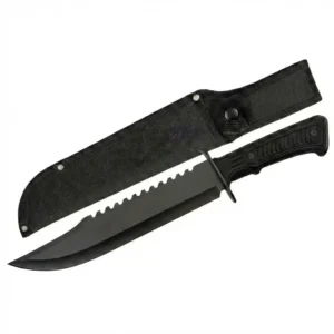 Full view of black sawback bowie knife with ABS handle.