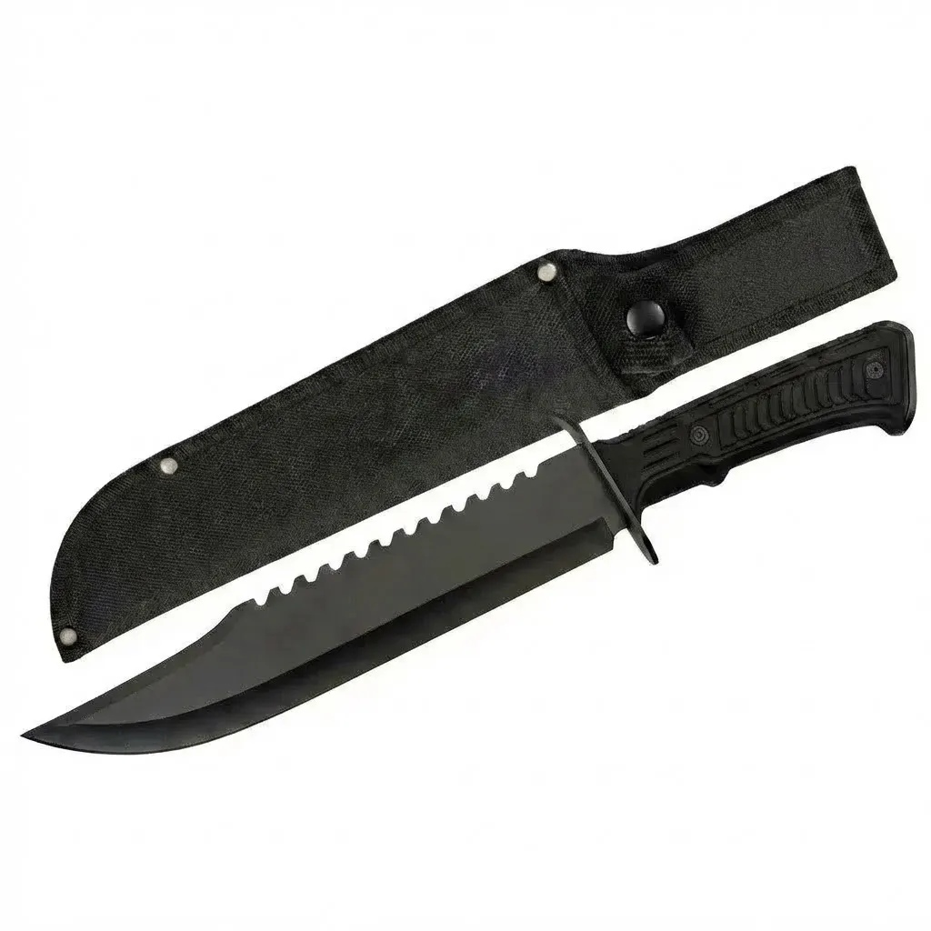 dont-tread-on-me-bowie-sawback-knife Full view of black sawback bowie knife with ABS handle.