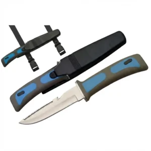 Blue fixed blade dive knife with hard sheath and leg straps.
