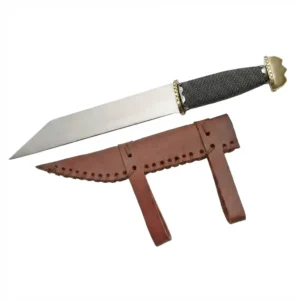 Full view of Viking Seax Fixed Blade Knife with stainless steel blade, wire-wrapped handle, and leather sheath.