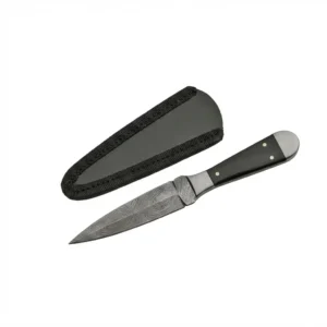 Damascus steel EDC dagger with horn handle and black sheath.