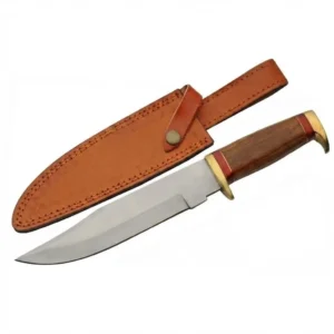 Wood & brass hunter fixed blade knife with leather sheath, wood handle hunting knife.