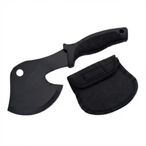 Outdoor survival field hatchet displayed lying flat next to its matching black fabric protective blade sheath.