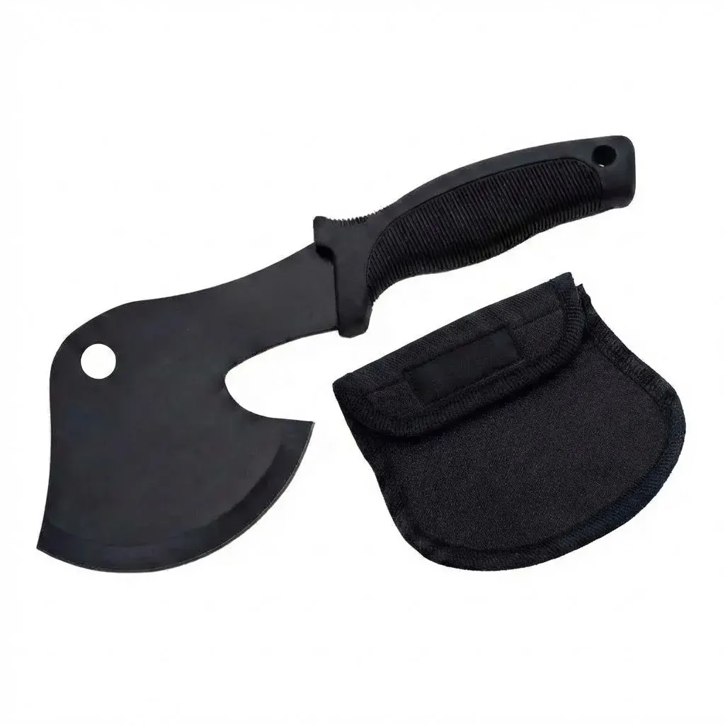 field-hatchet-with-protective-sheath Outdoor survival field hatchet displayed lying flat next to its matching black fabric protective blade sheath.