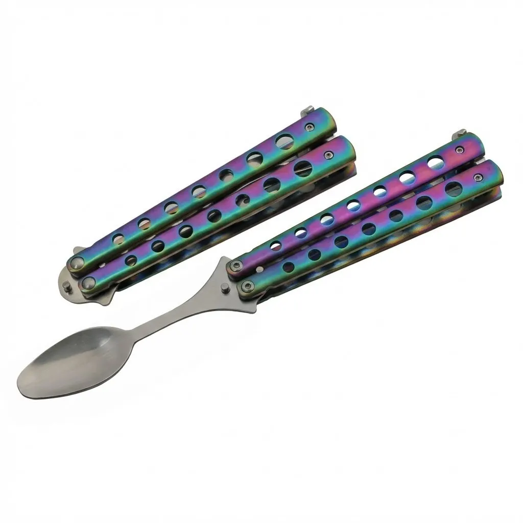 rainbow-butterfly-style-spoon-set-open-closed Pair of rainbow spectrum finish butterfly spoons showing one fully open for dining and one in the locked closed position with skeletonized handles.