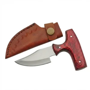 Axevar stainless steel pakkawood push dagger with ergonomic red handle and leather sheath.