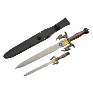 Dual fantasy sword and dagger set with black sheath.