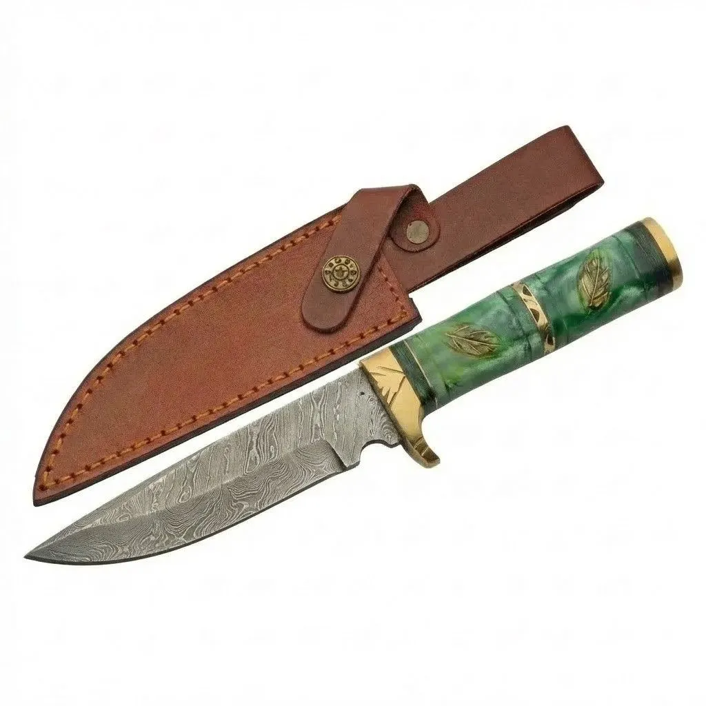 forest-hunter-damascus-knife-leather-sheath Forest Hunter Damascus outdoor knife displayed alongside its custom brown leather sheath.
