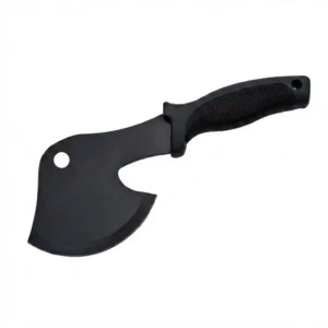 Black stainless steel camper's hatchet with a curved blade and textured grip handle isolated on a white background.