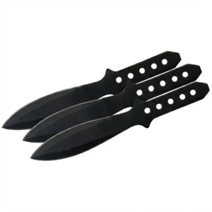 Three black stainless steel throwing knives from a 3-piece throwing set arranged diagonally with perforated handles.