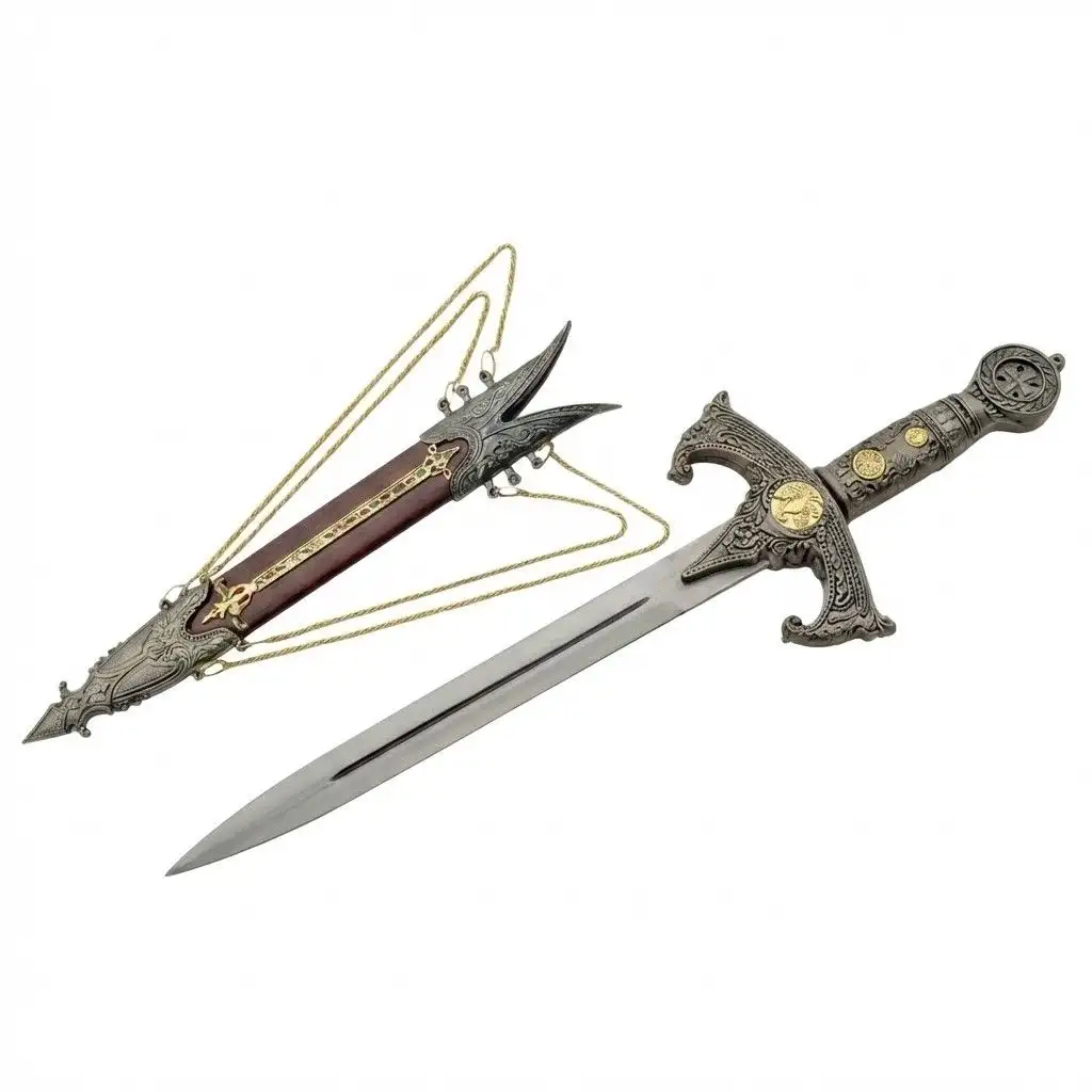 royal-dagger-stainless-steel-display-knife-full-view Royal Medieval Ceremonial Dagger with stainless steel fixed blade and ornate pewter scabbard.