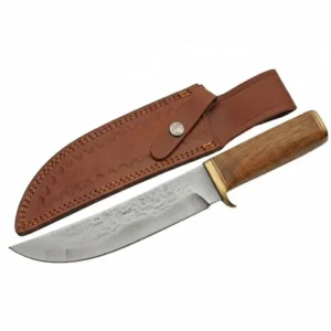 Handcrafted hammered damascus hunting knife with a polished wooden handle and brass guard with brown leather sheath.