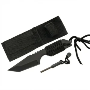 Black coated Tanto Survivor fixed blade knife displayed with nylon belt sheath and ferrocerium fire starter rod.