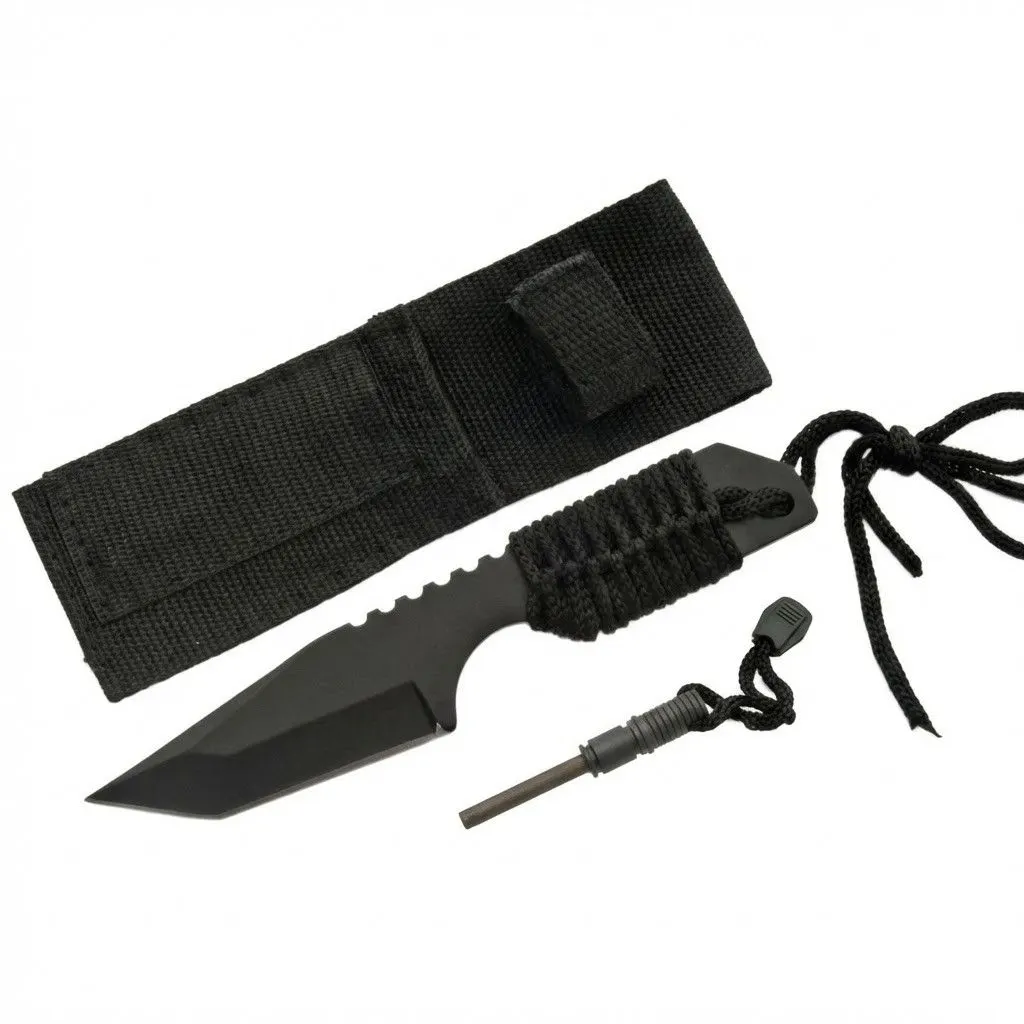 axevar-tanto-survivor-knife-set-sheath-fire-starter Black coated Tanto Survivor fixed blade knife displayed with nylon belt sheath and ferrocerium fire starter rod.