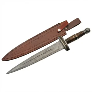 Full view of an Imperial Dagger featuring a hand-forged Damascus steel spear point blade and a handcrafted brown leather sheath.