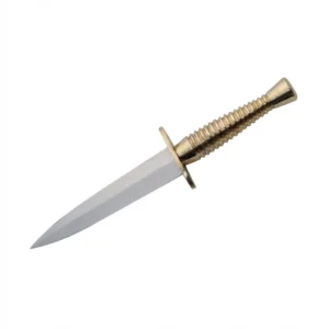 Full view of the Axevar Brass Commando dagger featuring a symmetrical double-edged blade and solid brass lathe-turned handle.