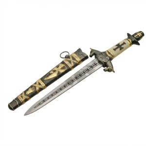 Full view of Stainless Steel Medieval Templar Dagger with white handle and ornate scabbard.
