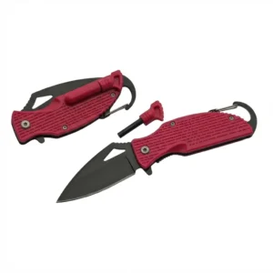 Open pink folding knife showing black drop point blade and serrations.