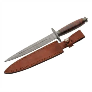 Stacked leather handle Damascus dagger the Tanners Edge displayed with its leather sheath.