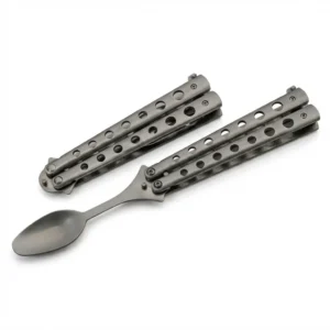 Closed stainless steel butterfly spoon showing skeletonized handles and latch mechanism for safe pocket carry.
