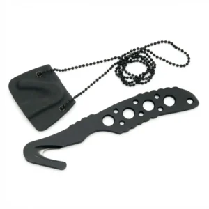 Black stainless steel guthook belt cutter neck knife with skeletonized handle.