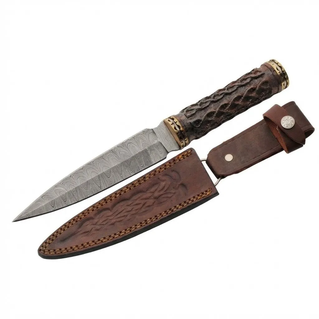 the-zenith-dagger-fixed-blade-with-sheath-set Damascus steel combat dagger the Zenith Dagger displayed with its custom leather sheath, showing the complete fixed blade package.