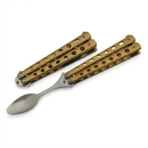 Gold butterfly spoon set showing both the open utensil and folded carry position with skeletonized handles.