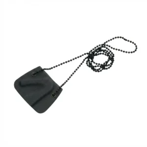 Rescue hook knife inside black hard sheath with neck chain.