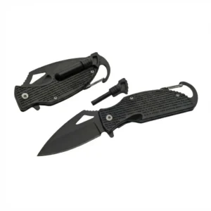 Black camping folding knife with fire starter removed and blade deployed.