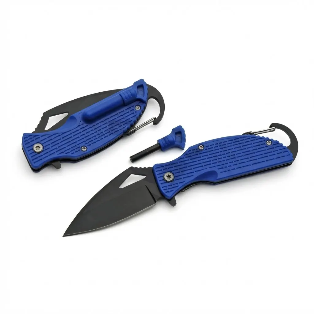 blue-camping-folder-open-profile Open Blue Camping Folder showing serrated blade and fire starter.