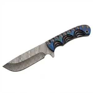 Full profile of Blue River Hunter fixed blade knife with a patterned Damascus steel blade and contoured blue handle.