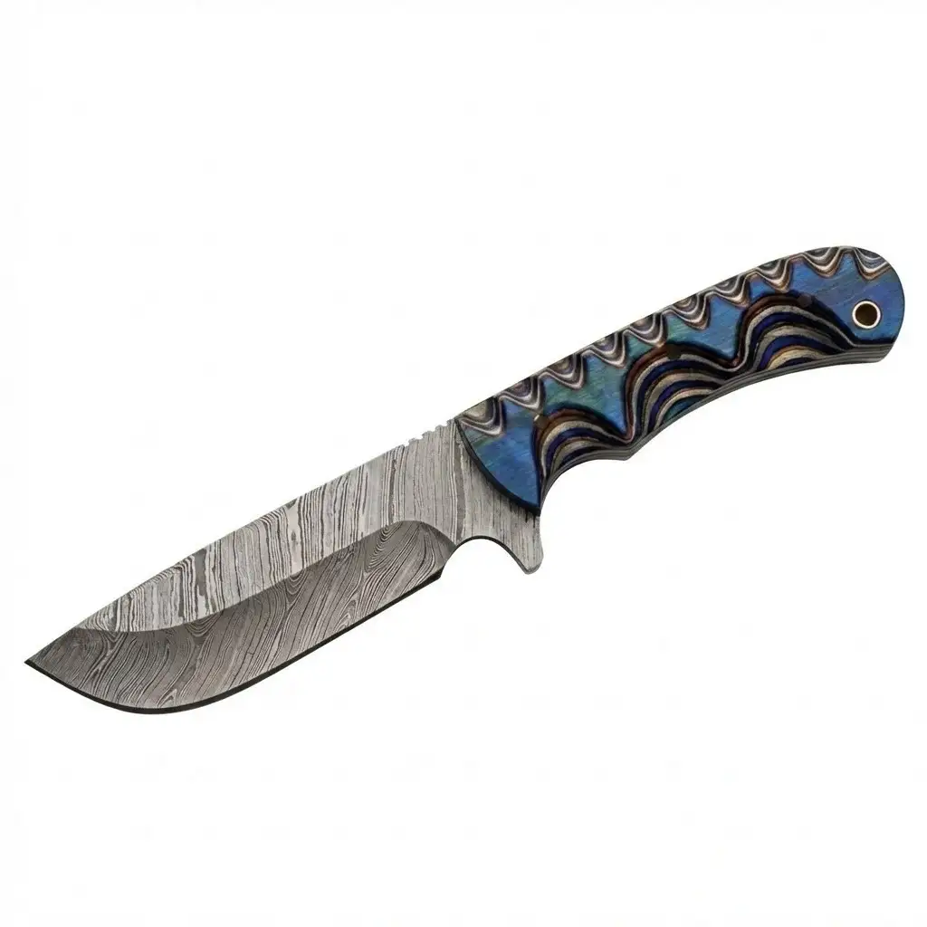 blue-river-hunter-damascus-fixed-blade-knife Full profile of Blue River Hunter fixed blade knife with a patterned Damascus steel blade and contoured blue handle.