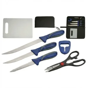 Complete 6-piece stainless steel fillet knife set with cutting board and case.