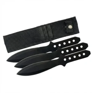 3-piece black stainless steel throwing knives set with nylon belt sheath.