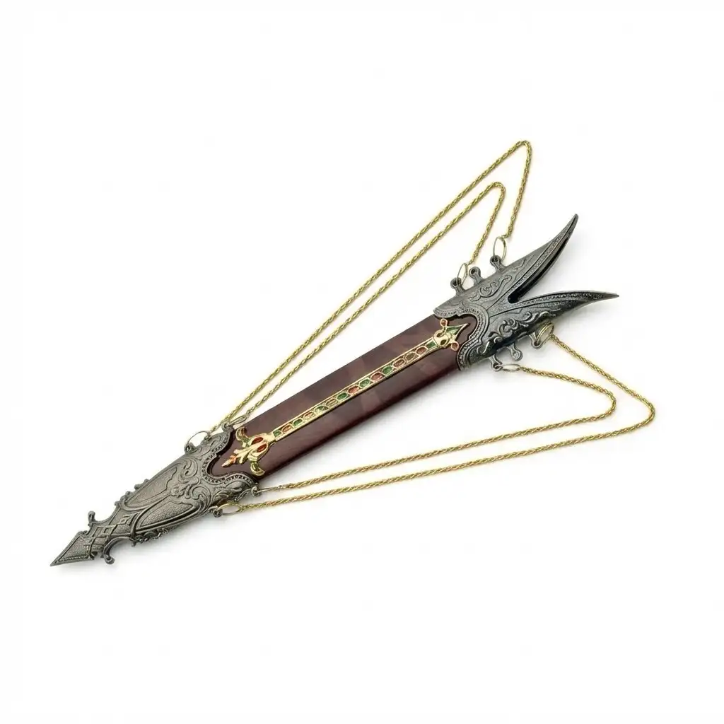royal-dagger-scabbard-chains Detailed hard scabbard with suspension chains for Royal Dagger.