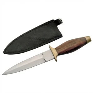 Classic Wood handle boot knife with black leather sheath.