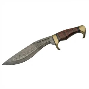 Side profile of a Damascus steel kukri knife featuring a brown stacked leather handle and brass fittings.