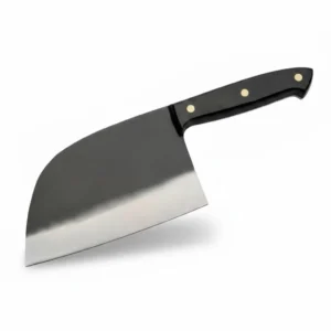 A heavy-duty Serbian cleaver knife with a wide dark blade and black handle, shown from a three-quarter angle.