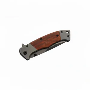 Front view of closed wood handle folding pocket knife with titanium bolsters.