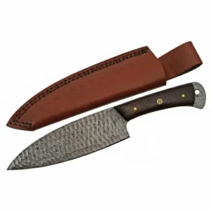 A 10.5 inch hammer chef style knife with a textured Damascus blade shown alongside its brown leather sheath.