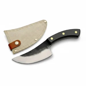 The Hanta butcher knife displayed next to its tan canvas sheath