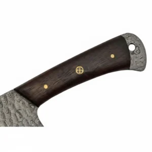 Close up of the dark wood handle on a hammer chef style knife featuring brass pins and a mosaic bolster.